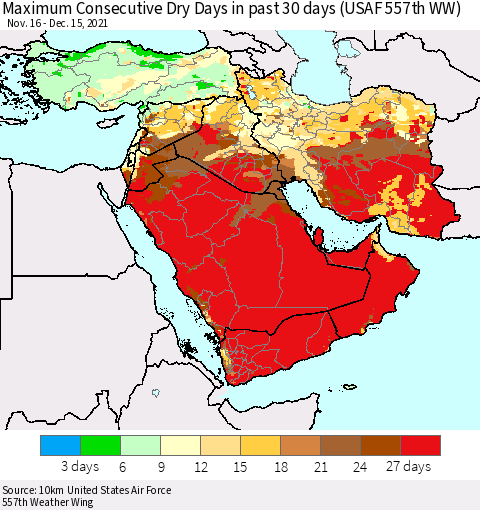 Middle East and Turkey Maximum Consecutive Dry Days in past 30 days (USAF 557th WW) 12/15/2021 Thematic Map For 12/11/2021 - 12/15/2021