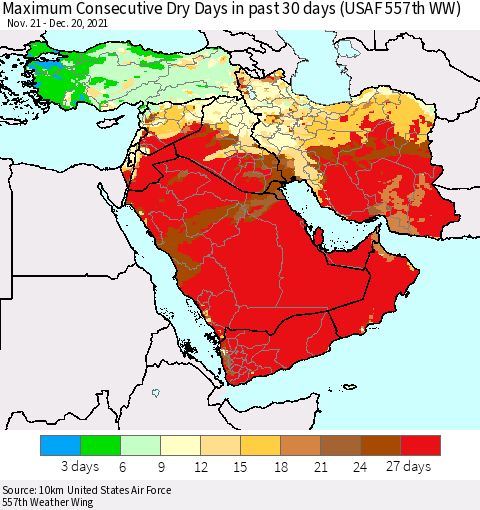 Middle East and Turkey Maximum Consecutive Dry Days in past 30 days (USAF 557th WW) 12/20/2021 Thematic Map For 12/16/2021 - 12/20/2021