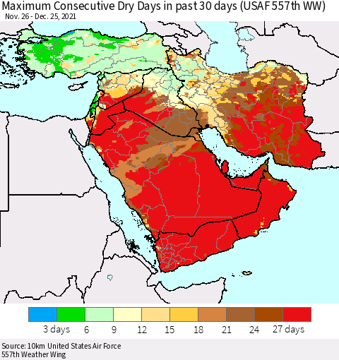 Middle East and Turkey Maximum Consecutive Dry Days in past 30 days (USAF 557th WW) 12/25/2021 Thematic Map For 12/21/2021 - 12/25/2021