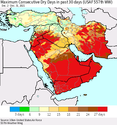 Middle East and Turkey Maximum Consecutive Dry Days in past 30 days (USAF 557th WW) 12/31/2021 Thematic Map For 12/26/2021 - 12/31/2021