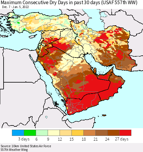 Middle East and Turkey Maximum Consecutive Dry Days in past 30 days (USAF 557th WW) 01/05/2022 Thematic Map For 1/1/2022 - 1/5/2022
