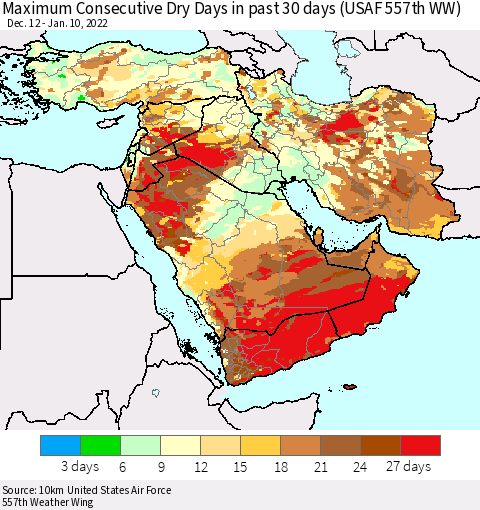 Middle East and Turkey Maximum Consecutive Dry Days in past 30 days (USAF 557th WW) 01/10/2022 Thematic Map For 1/6/2022 - 1/10/2022
