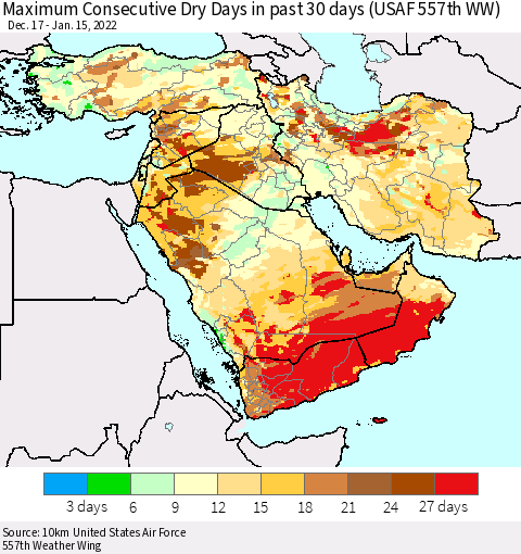 Middle East and Turkey Maximum Consecutive Dry Days in past 30 days (USAF 557th WW) 01/15/2022 Thematic Map For 1/11/2022 - 1/15/2022