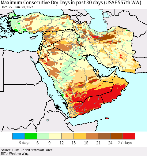 Middle East and Turkey Maximum Consecutive Dry Days in past 30 days (USAF 557th WW) 01/20/2022 Thematic Map For 1/16/2022 - 1/20/2022