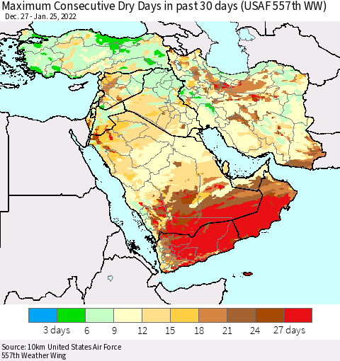 Middle East and Turkey Maximum Consecutive Dry Days in past 30 days (USAF 557th WW) 01/25/2022 Thematic Map For 1/21/2022 - 1/25/2022