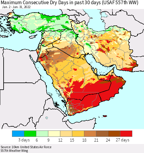 Middle East and Turkey Maximum Consecutive Dry Days in past 30 days (USAF 557th WW) 01/31/2022 Thematic Map For 1/26/2022 - 1/31/2022