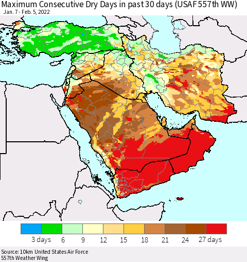 Middle East and Turkey Maximum Consecutive Dry Days in past 30 days (USAF 557th WW) 02/05/2022 Thematic Map For 2/1/2022 - 2/5/2022