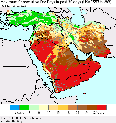 Middle East and Turkey Maximum Consecutive Dry Days in past 30 days (USAF 557th WW) 02/10/2022 Thematic Map For 2/6/2022 - 2/10/2022