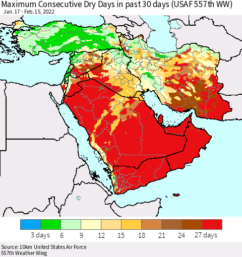 Middle East and Turkey Maximum Consecutive Dry Days in past 30 days (USAF 557th WW) 02/15/2022 Thematic Map For 2/11/2022 - 2/15/2022