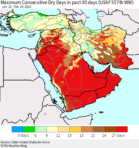 Middle East and Turkey Maximum Consecutive Dry Days in past 30 days (USAF 557th WW) 02/20/2022 Thematic Map For 2/16/2022 - 2/20/2022