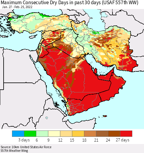 Middle East and Turkey Maximum Consecutive Dry Days in past 30 days (USAF 557th WW) 02/25/2022 Thematic Map For 2/21/2022 - 2/25/2022