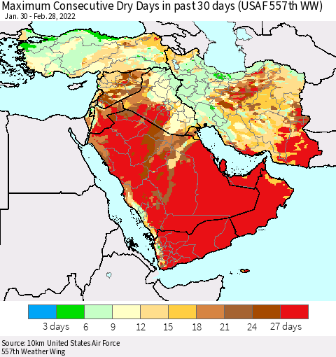 Middle East and Turkey Maximum Consecutive Dry Days in past 30 days (USAF 557th WW) 02/28/2022 Thematic Map For 2/26/2022 - 2/28/2022