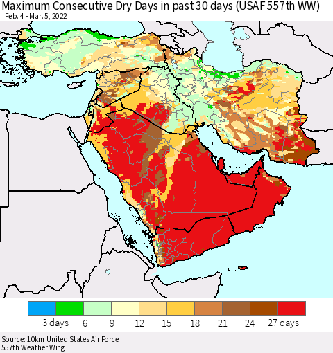 Middle East and Turkey Maximum Consecutive Dry Days in past 30 days (USAF 557th WW) 03/05/2022 Thematic Map For 3/1/2022 - 3/5/2022