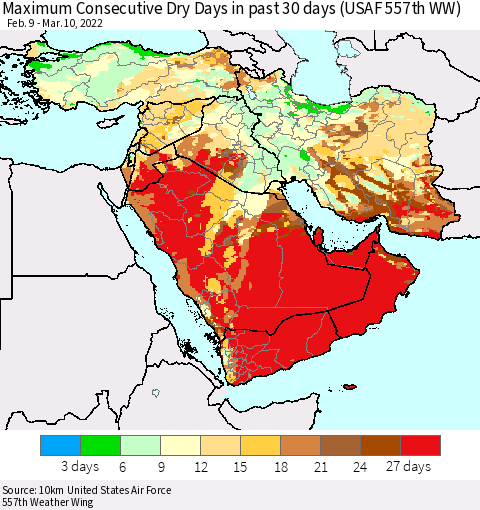 Middle East and Turkey Maximum Consecutive Dry Days in past 30 days (USAF 557th WW) 03/10/2022 Thematic Map For 3/6/2022 - 3/10/2022