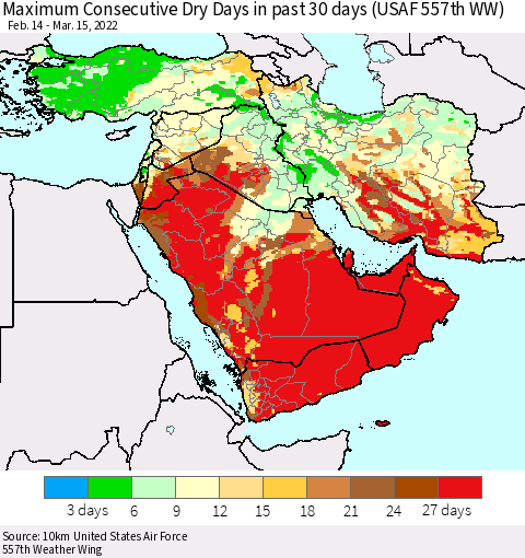 Middle East and Turkey Maximum Consecutive Dry Days in past 30 days (USAF 557th WW) 03/15/2022 Thematic Map For 3/11/2022 - 3/15/2022