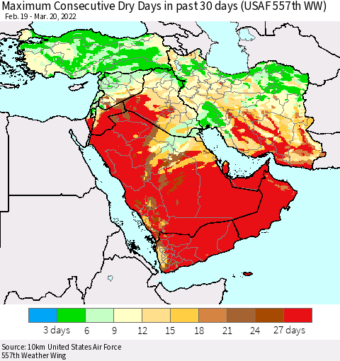 Middle East and Turkey Maximum Consecutive Dry Days in past 30 days (USAF 557th WW) 03/20/2022 Thematic Map For 3/16/2022 - 3/20/2022
