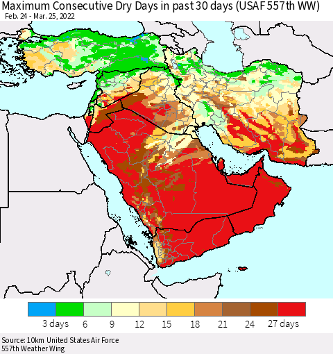 Middle East and Turkey Maximum Consecutive Dry Days in past 30 days (USAF 557th WW) 03/25/2022 Thematic Map For 3/21/2022 - 3/25/2022