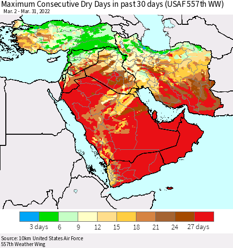 Middle East and Turkey Maximum Consecutive Dry Days in past 30 days (USAF 557th WW) 03/31/2022 Thematic Map For 3/26/2022 - 3/31/2022
