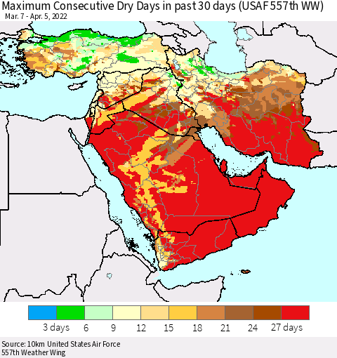Middle East and Turkey Maximum Consecutive Dry Days in past 30 days (USAF 557th WW) 04/05/2022 Thematic Map For 4/1/2022 - 4/5/2022