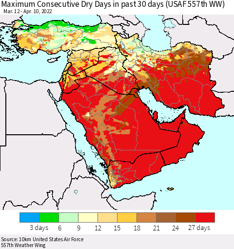 Middle East and Turkey Maximum Consecutive Dry Days in past 30 days (USAF 557th WW) 04/10/2022 Thematic Map For 4/6/2022 - 4/10/2022