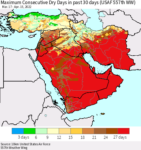 Middle East and Turkey Maximum Consecutive Dry Days in past 30 days (USAF 557th WW) 04/15/2022 Thematic Map For 4/11/2022 - 4/15/2022