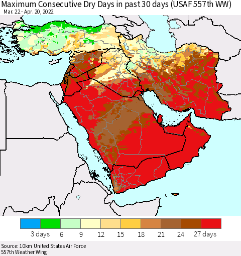 Middle East and Turkey Maximum Consecutive Dry Days in past 30 days (USAF 557th WW) 04/20/2022 Thematic Map For 4/16/2022 - 4/20/2022