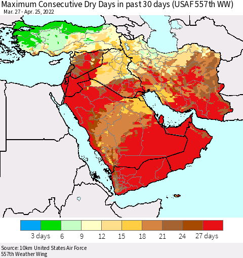 Middle East and Turkey Maximum Consecutive Dry Days in past 30 days (USAF 557th WW) 04/25/2022 Thematic Map For 4/21/2022 - 4/25/2022