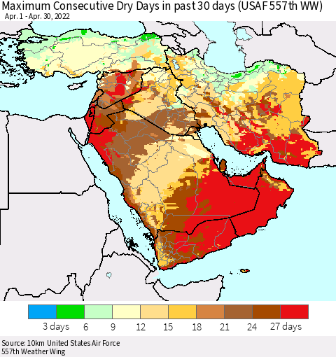 Middle East and Turkey Maximum Consecutive Dry Days in past 30 days (USAF 557th WW) 04/30/2022 Thematic Map For 4/26/2022 - 4/30/2022