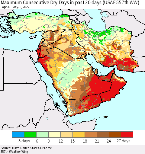 Middle East and Turkey Maximum Consecutive Dry Days in past 30 days (USAF 557th WW) 05/05/2022 Thematic Map For 5/1/2022 - 5/5/2022