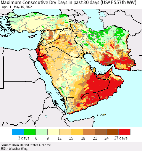 Middle East and Turkey Maximum Consecutive Dry Days in past 30 days (USAF 557th WW) 05/10/2022 Thematic Map For 5/6/2022 - 5/10/2022