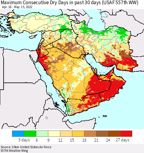 Middle East and Turkey Maximum Consecutive Dry Days in past 30 days (USAF 557th WW) 05/15/2022 Thematic Map For 5/11/2022 - 5/15/2022