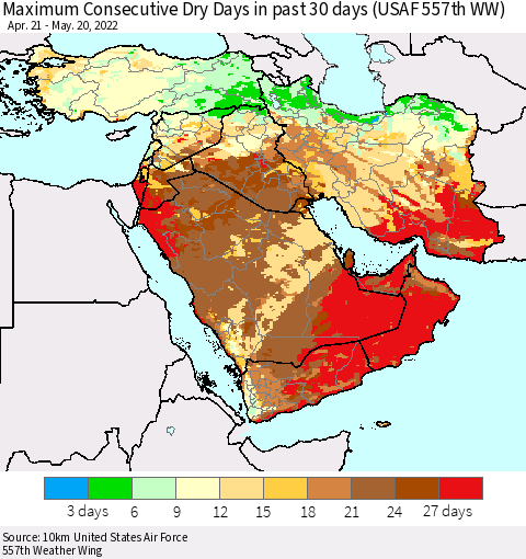 Middle East and Turkey Maximum Consecutive Dry Days in past 30 days (USAF 557th WW) 05/20/2022 Thematic Map For 5/16/2022 - 5/20/2022