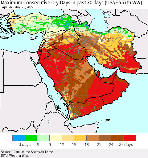Middle East and Turkey Maximum Consecutive Dry Days in past 30 days (USAF 557th WW) 05/25/2022 Thematic Map For 5/21/2022 - 5/25/2022