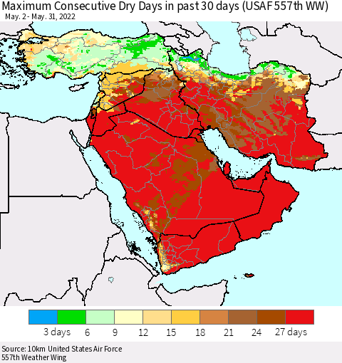 Middle East and Turkey Maximum Consecutive Dry Days in past 30 days (USAF 557th WW) 05/31/2022 Thematic Map For 5/26/2022 - 5/31/2022