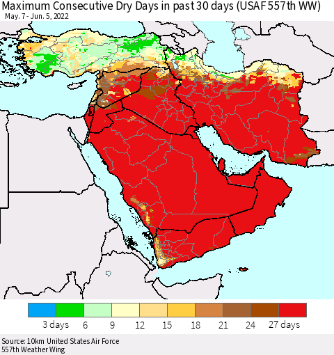 Middle East and Turkey Maximum Consecutive Dry Days in past 30 days (USAF 557th WW) 06/05/2022 Thematic Map For 6/1/2022 - 6/5/2022