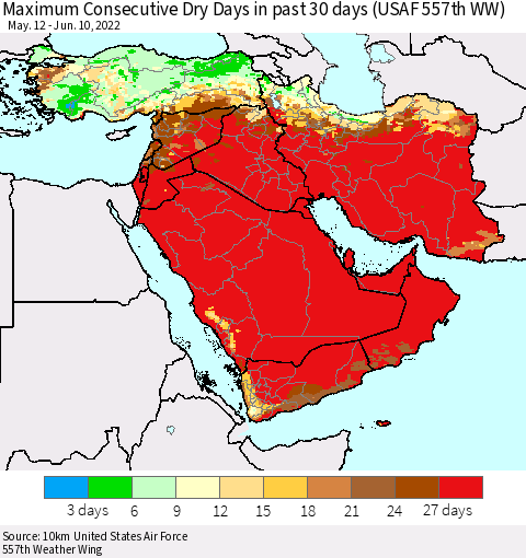 Middle East and Turkey Maximum Consecutive Dry Days in past 30 days (USAF 557th WW) 06/10/2022 Thematic Map For 6/6/2022 - 6/10/2022