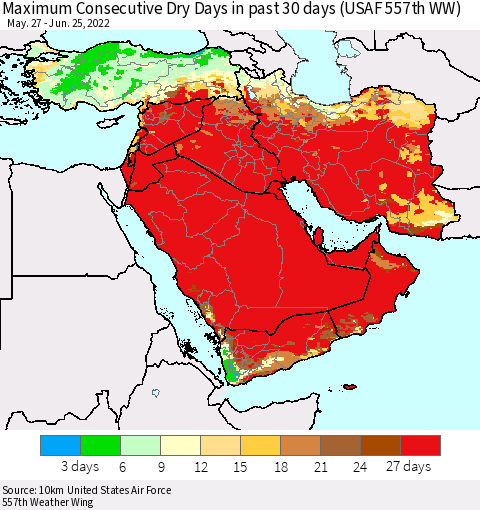 Middle East and Turkey Maximum Consecutive Dry Days in past 30 days (USAF 557th WW) 06/25/2022 Thematic Map For 6/21/2022 - 6/25/2022
