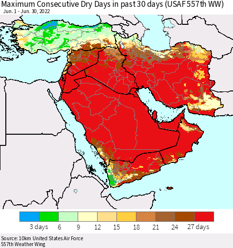 Middle East and Turkey Maximum Consecutive Dry Days in past 30 days (USAF 557th WW) 06/30/2022 Thematic Map For 6/26/2022 - 6/30/2022