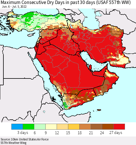 Middle East and Turkey Maximum Consecutive Dry Days in past 30 days (USAF 557th WW) 07/05/2022 Thematic Map For 7/1/2022 - 7/5/2022