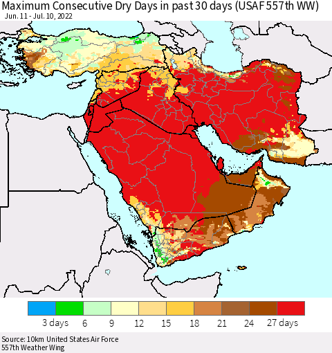 Middle East and Turkey Maximum Consecutive Dry Days in past 30 days (USAF 557th WW) 07/10/2022 Thematic Map For 7/6/2022 - 7/10/2022