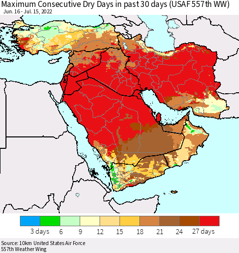 Middle East and Turkey Maximum Consecutive Dry Days in past 30 days (USAF 557th WW) 07/15/2022 Thematic Map For 7/11/2022 - 7/15/2022