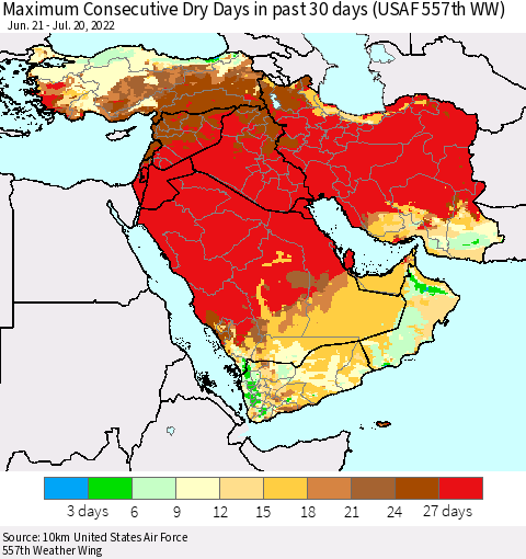 Middle East and Turkey Maximum Consecutive Dry Days in past 30 days (USAF 557th WW) 07/20/2022 Thematic Map For 7/16/2022 - 7/20/2022