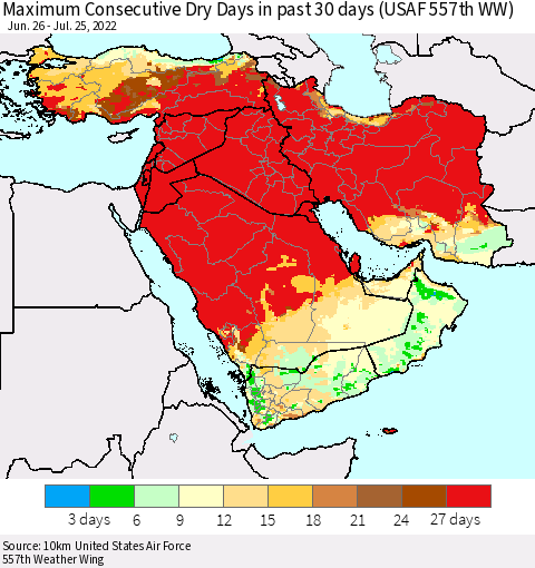 Middle East and Turkey Maximum Consecutive Dry Days in past 30 days (USAF 557th WW) 07/25/2022 Thematic Map For 7/21/2022 - 7/25/2022