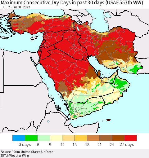 Middle East and Turkey Maximum Consecutive Dry Days in past 30 days (USAF 557th WW) 07/31/2022 Thematic Map For 7/26/2022 - 7/31/2022