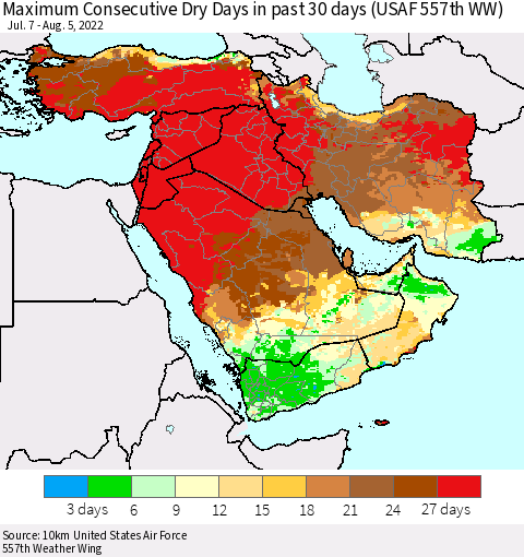 Middle East and Turkey Maximum Consecutive Dry Days in past 30 days (USAF 557th WW) 08/05/2022 Thematic Map For 8/1/2022 - 8/5/2022