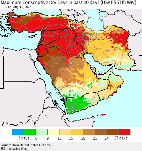 Middle East and Turkey Maximum Consecutive Dry Days in past 30 days (USAF 557th WW) 08/10/2022 Thematic Map For 8/6/2022 - 8/10/2022