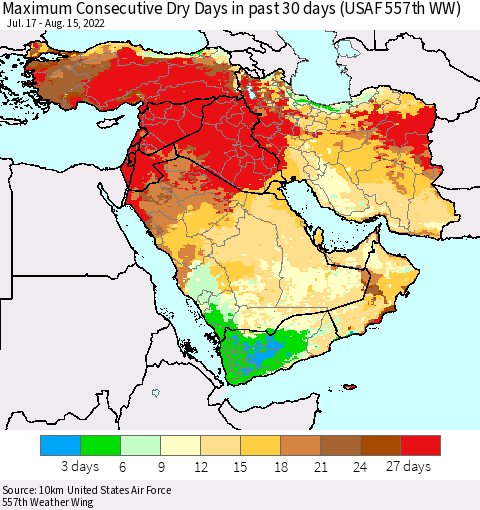 Middle East and Turkey Maximum Consecutive Dry Days in past 30 days (USAF 557th WW) 08/15/2022 Thematic Map For 8/11/2022 - 8/15/2022