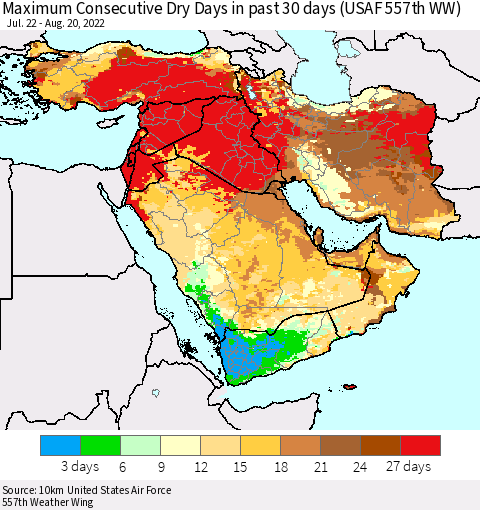 Middle East and Turkey Maximum Consecutive Dry Days in past 30 days (USAF 557th WW) 08/20/2022 Thematic Map For 8/16/2022 - 8/20/2022