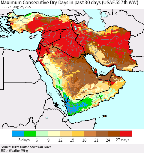 Middle East and Turkey Maximum Consecutive Dry Days in past 30 days (USAF 557th WW) 08/25/2022 Thematic Map For 8/21/2022 - 8/25/2022
