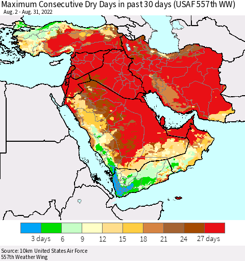 Middle East and Turkey Maximum Consecutive Dry Days in past 30 days (USAF 557th WW) 08/31/2022 Thematic Map For 8/26/2022 - 8/31/2022